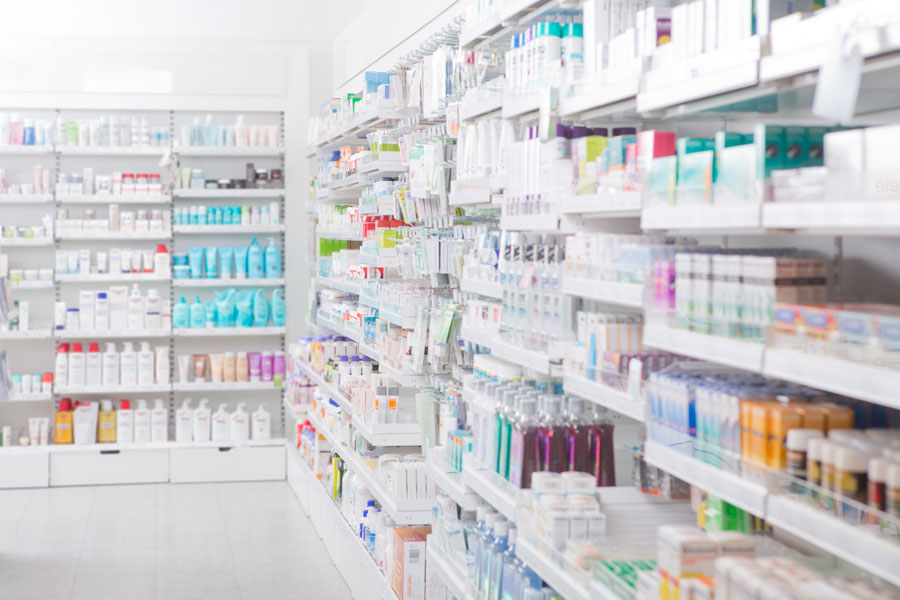 Pharmaceutical products on shelves